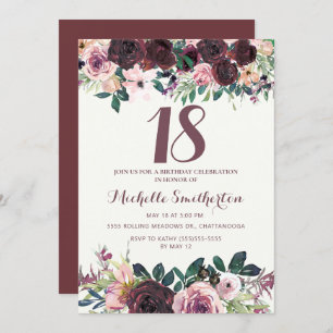 Burgundy Blush Pink Floral Leaves 18th Birthday Invitation
