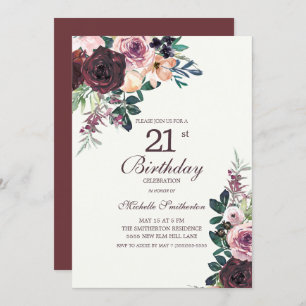 Burgundy Blush Pink Floral Leaves 21st Birthday Invitation