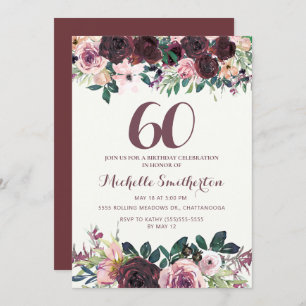 Burgundy Blush Pink Floral Leaves 60th Birthday Invitation