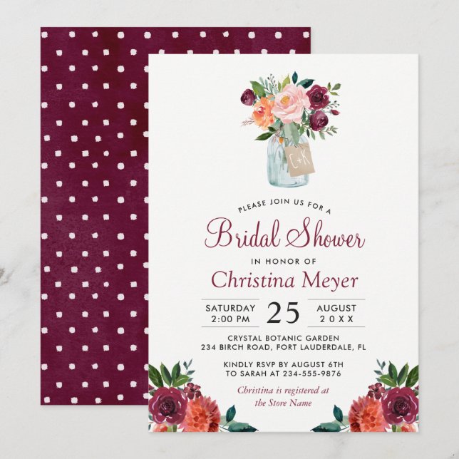 Burgundy Blush Pink Floral Mason Jar Bridal Shower Invitation (Front/Back)
