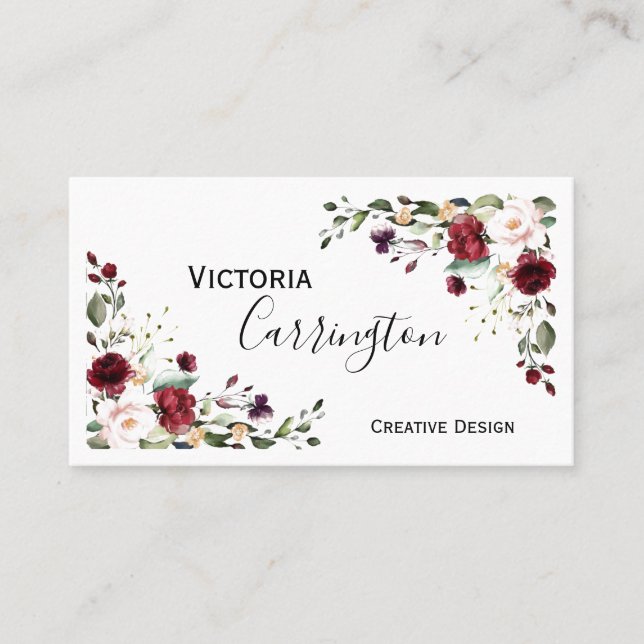 Burgundy Blush Pink Floral Modern Business Card (Front)