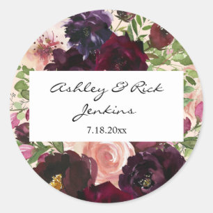 Burgundy & Blush Pink Floral & Name Classic Round Sticker