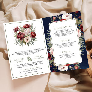 Burgundy Blush Pink Floral Navy All in One Wedding Invitation