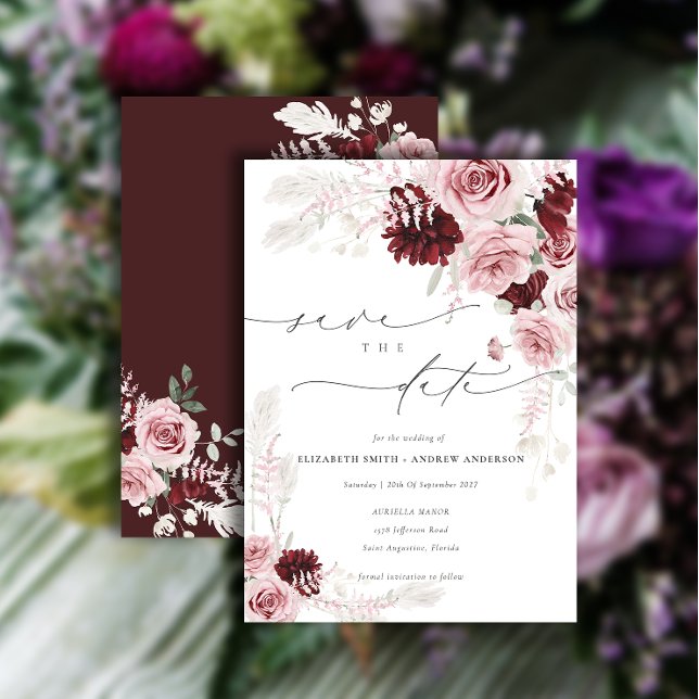 Burgundy Blush Pink Floral Photo Save the Date Invitation (Creator Uploaded)