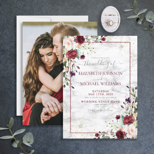 Burgundy Blush Pink Floral Photo Wedding Invitation