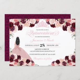 Burgundy Blush Pink Floral Quinceanera Birthday In Invitation