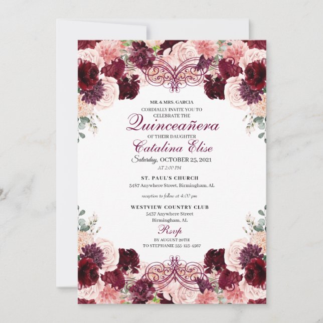 Burgundy Blush Pink Floral Quinceanera Birthday Invitation (Front)