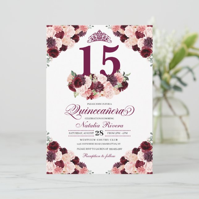 Burgundy Blush Pink Floral Quinceanera Birthday Invitation (Standing Front)