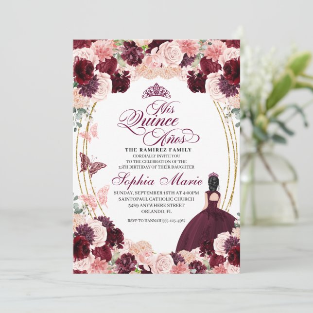 Burgundy Blush Pink Floral Quinceanera Birthday Invitation (Standing Front)