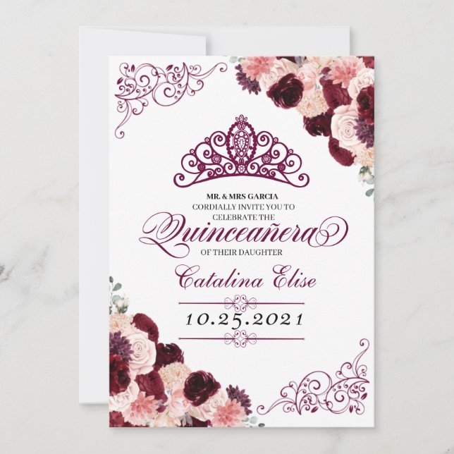 Burgundy Blush Pink Floral Quinceanera Birthday Invitation (Front)