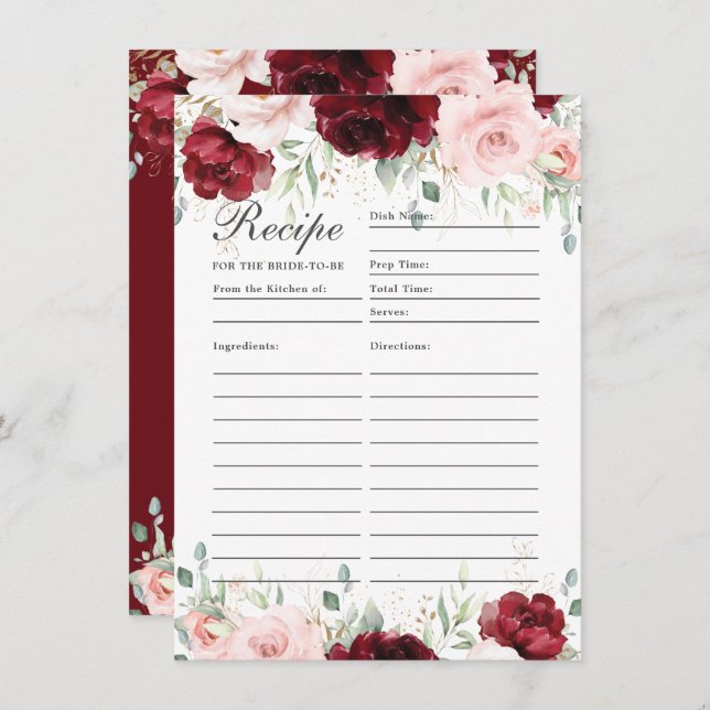 Burgundy Blush Pink Floral Recipe For Bride Card (Front/Back)