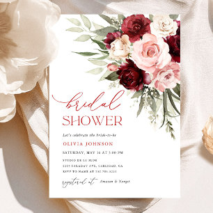 Burgundy Blush Pink Floral Rose Bridal Shower Invitation