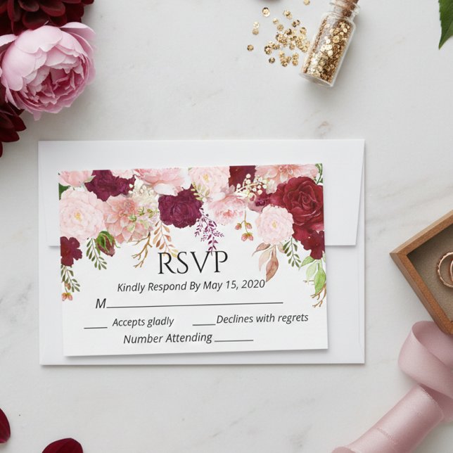 Burgundy Blush Pink Floral RSVP wedding Watercolor Card (Creator Uploaded)