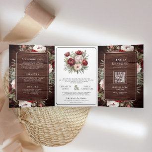 Burgundy Blush Pink Floral Rustic Wood Wedding Tri-Fold Invitation