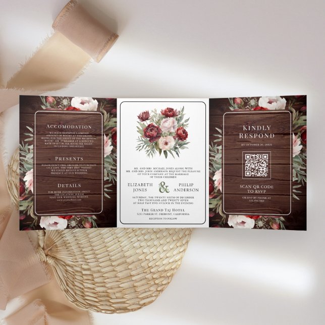 Burgundy Blush Pink Floral Rustic Wood Wedding Tri-Fold Invitation (Creator Uploaded)