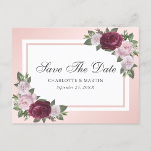 Burgundy Blush Pink Floral Save The Date Announcement Postcard