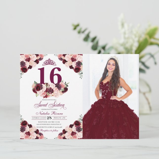 Burgundy Blush Pink Floral Sweet 16 Birthday Photo Invitation (Standing Front)