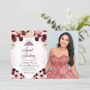 Burgundy Blush Pink Floral Sweet Sixteen Birthday Invitation