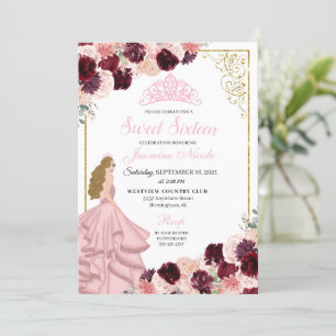 Burgundy Blush Pink Floral Sweet Sixteen Birthday  Invitation