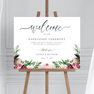 Burgundy Blush Pink Floral Unplugged Ceremony Sign