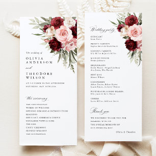Burgundy Blush Pink Floral Wedding Ceremony Programme