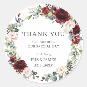 Burgundy Blush Pink Floral Wedding Favour Thank Yo Classic Round Sticker
