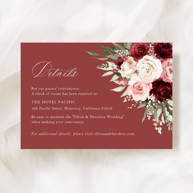 Burgundy Blush Pink Floral Wedding Hotel Details Enclosure Card (Burgundy blush pink floral wedding details card rose hotel information insert elegant stationery)