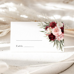 Burgundy Blush Pink Floral Wedding Name Place Card