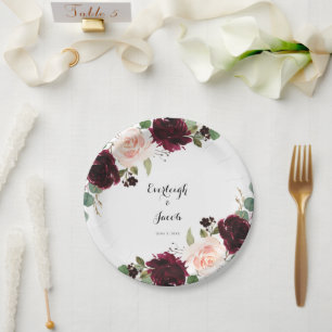 Burgundy Blush Pink Floral Wedding Paper Plate