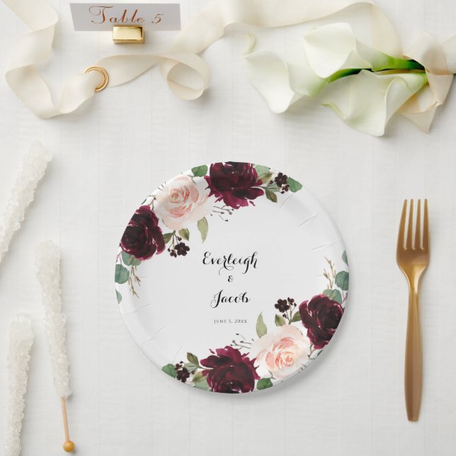 Burgundy Blush Pink Floral Wedding Paper Plate (Wedding)