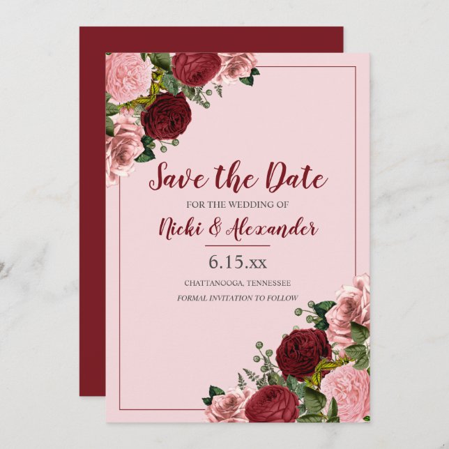 Burgundy Blush Pink Floral Wedding Save Date Invitation (Front/Back)