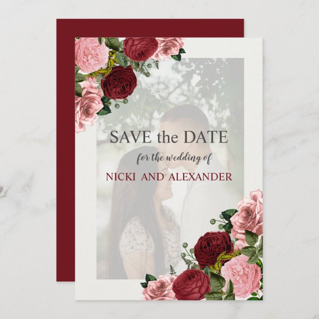 Burgundy Blush Pink Floral Wedding Save Date Invitation (Front/Back)