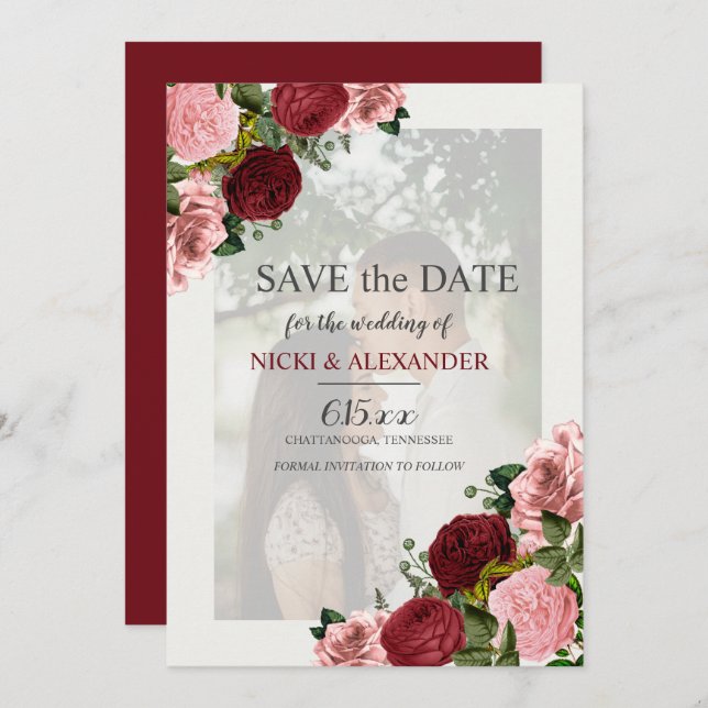 Burgundy Blush Pink Floral Wedding Save Date Invitation (Front/Back)