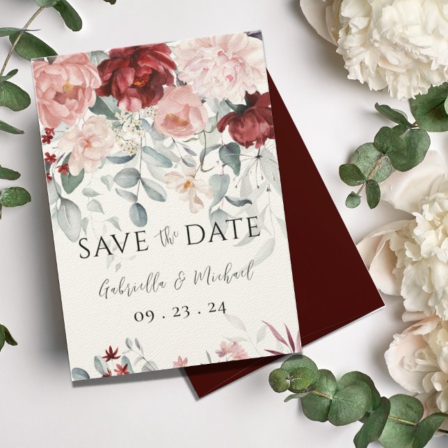 Burgundy Blush Pink Floral Wedding Save The Date (Creator Uploaded)