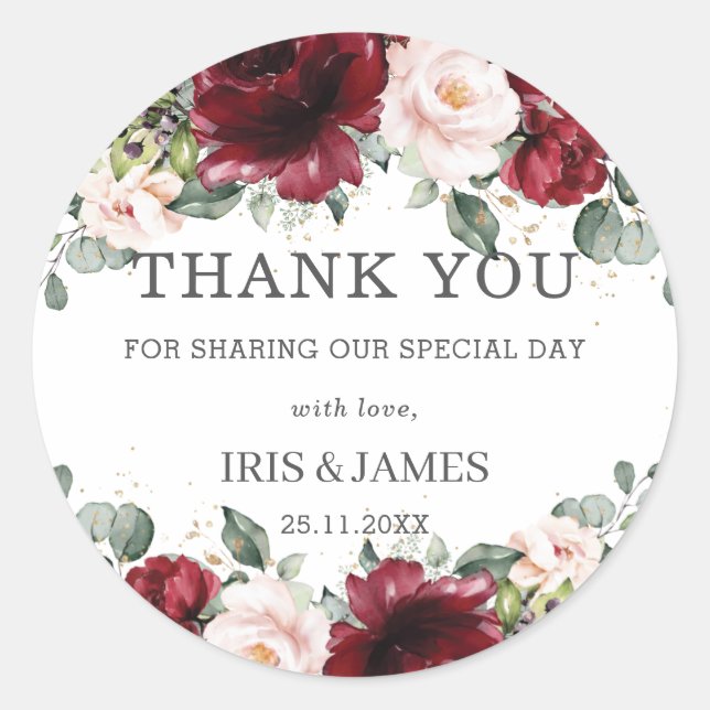 Burgundy Blush Pink Floral Wedding Shower Birthday Classic Round Sticker (Front)
