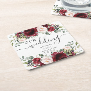Burgundy Blush Pink Floral Wedding Thank You Favou Square Paper Coaster