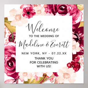 Burgundy & Blush Pink Floral Wedding Welcome Sign