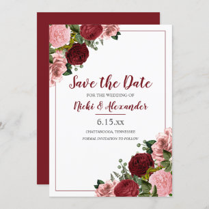 Burgundy Blush Pink Floral Wedding White Save Date Invitation