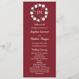 Burgundy Blush Pink Floral Wreath Monogram Programme
