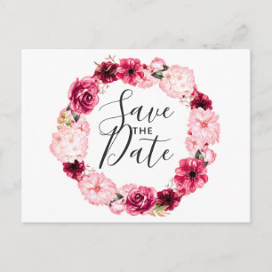 Burgundy & Blush Pink Floral Wreath Save the Date Announcement Postcard