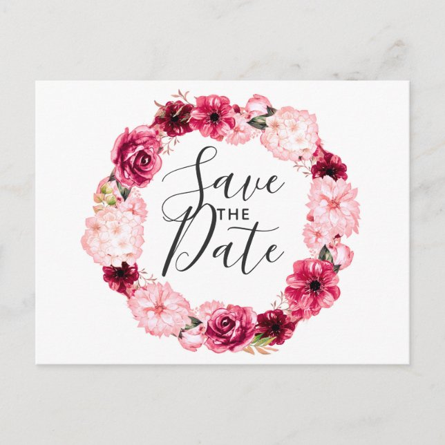 Burgundy & Blush Pink Floral Wreath Save the Date Announcement Postcard (Front)