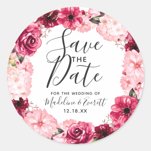 Burgundy & Blush Pink Floral Wreath Save the Date Classic Round Sticker (Front)