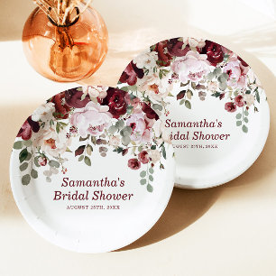 Burgundy Blush Pink Flowers Bridal Shower Paper Plate