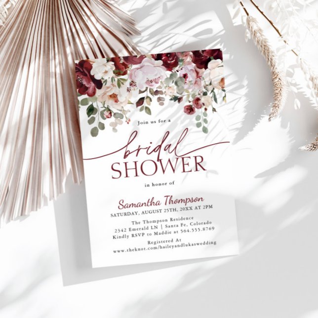 Burgundy Blush Pink Flowers, Floral Bridal Shower Invitation (Creator Uploaded)