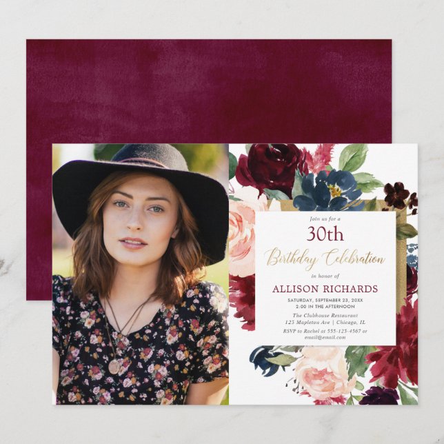 Burgundy blush pink gold floral birthday photo invitation (Front/Back)