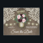 Burgundy Blush Pink Gold Wedding Save the Date Announcement Postcard<br><div class="desc">Burgundy Blush Pink Gold Wedding Save the Date Postcards - feature a rustic barn wood background with ivory lace, string lights and an antique gold mason jar filled with greenery, eucalyptus and roses and peonies in shades of burgundy and blush pink. Change the demo initials on the jar to your...</div>