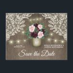 Burgundy Blush Pink Gold Wedding Save the Date Announcement Postcard<br><div class="desc">Burgundy Blush Pink Gold Wedding Save the Date Postcards - feature a rustic barn wood background with ivory lace, string lights and an antique gold mason jar filled with greenery, eucalyptus and roses and peonies in shades of burgundy and blush pink. Change the demo initials on the jar to your...</div>