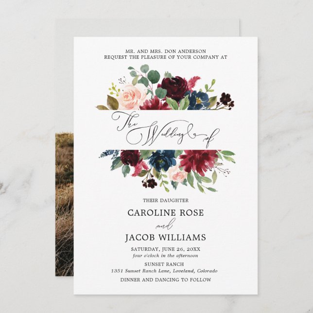 Burgundy Blush Pink Navy Blue Floral Photo Wedding Invitation (Front/Back)