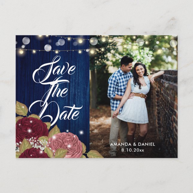 Burgundy Blush Pink Navy Blue Wedding Photo Announcement Postcard (Front)