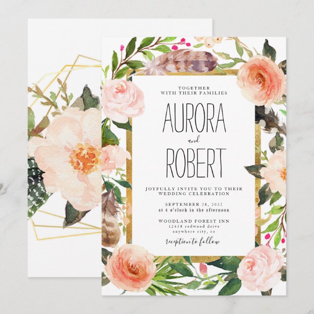 Burgundy Blush Pink Peach Gold Floral Boho Wedding Invitation (Front/Back)